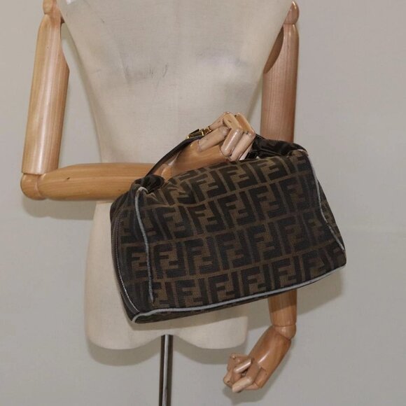 FENDI Zucca Canvas Hand Bag Brown Black gold Auth